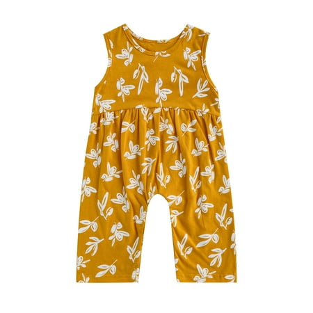 

Frobukio Infant Baby Girls Summer Jumpsuit Leaf Print Round Neck Sleeveless Long Romper Bodysuit Streetwear Yellow 6-12 Months