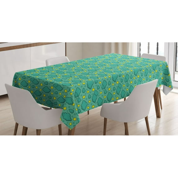 Clouds Tablecloth, Cartoon Style Pattern Night Sky with Stars and Clouds Bedtime Theme, Rectangle Satin Table Cover Accent for Dining Room and Kitchen, 60" X 84", Turquoise and Yellow, by Ambesonne