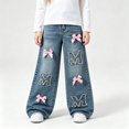 thumbnail image 2 of XFeng Girls Light Wash Wide Leg Jeans Elastic Waist Pink Bow Love You Embroidery Baggy Denim Pants Back To School, 2 of 8