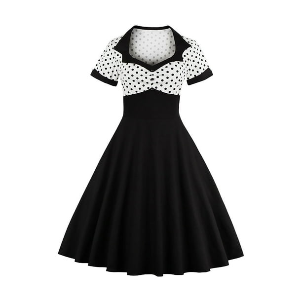 Vestido de lunares vintage de fiesta de graduación con cuello redondo de manga corta con estampado retro para mujer Fridja qw3885