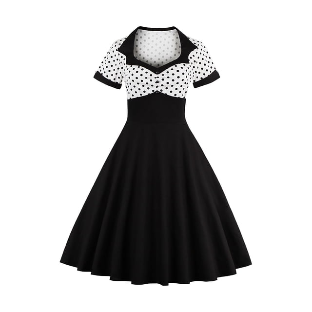 Mikilon Robe Vintage à Pois pour Femmes, Imprimé Rétro, à Empiècements, Manches Courtes, Soirée, Col Rond, Fête, Bal
