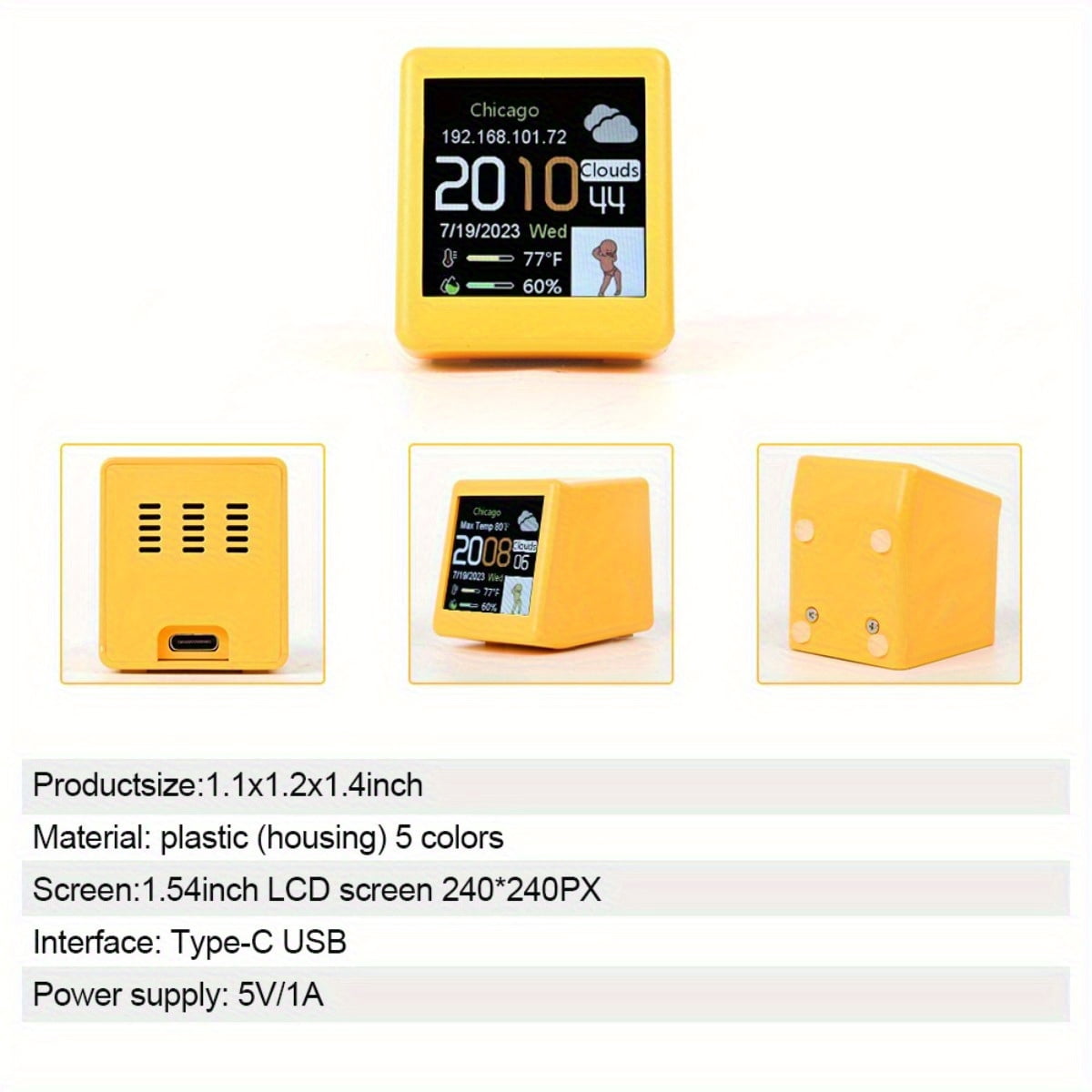 Mini WiFi Smart Weather Station Clock with Color Screen, Animation Display, Temperature Humidity Time Alarm, Desktop Decor for Home Game Room