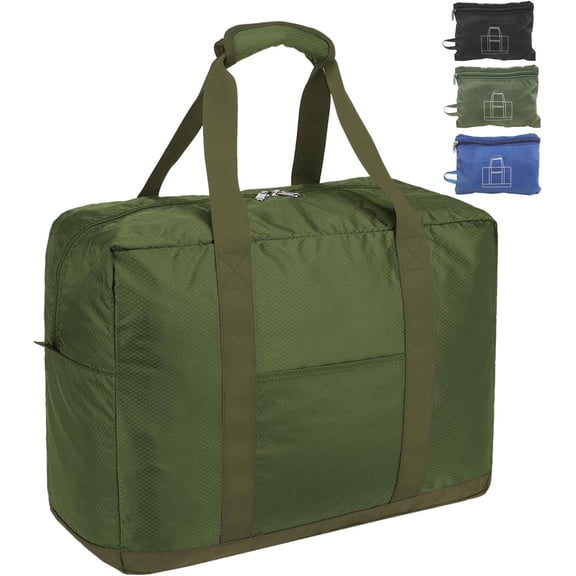 Foldable Travel Duffle Bag with Trolley Sleeve 40L Capacity, Lightweight Packable Travel Duffel Bags with the Keyhole Zipper, Weekender Overnight Nylon Carry Bag for Men & Women, Army Green