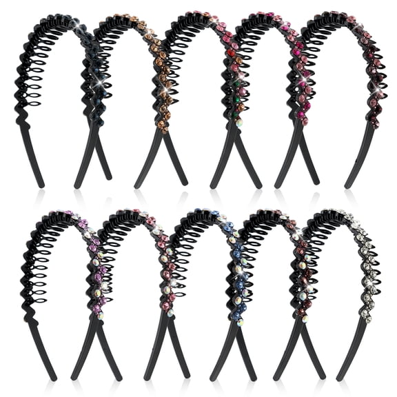 GIRACOA 10-Pack Rhinestone Headbands for Women - Sparkly Z-Shape Crystal Tooth Comb Hairbands - Non-Slip Wavy Woven Headband for Thick & Thin Hair - Multi-Color Party & Daily Hair Accessories