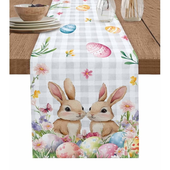 Easter Bunny Table Runner 48 Inches, Watercolor Colorful Egg Floral Grey Plaid Bed Runner Dresser Scarves Tabletop for Indoor Outdoor Parties/Ceremony/Banquet, 13" x 48"