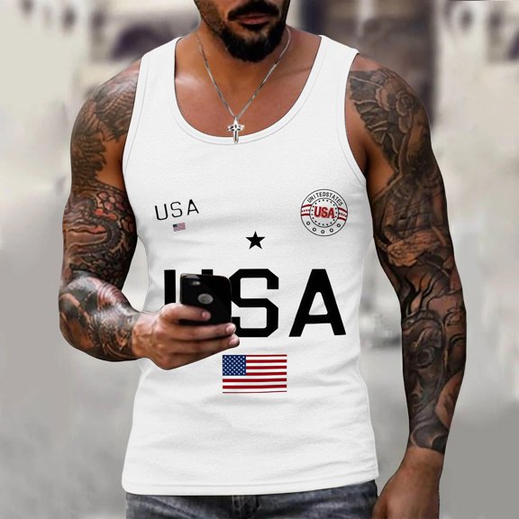 Domuza July Of 4th Shirts for Men American Flag Graphics Casual Crew Neck Sleeveless Tee Shirts 2026 New Trendy Comfort Loose Fit Tops White 2XL