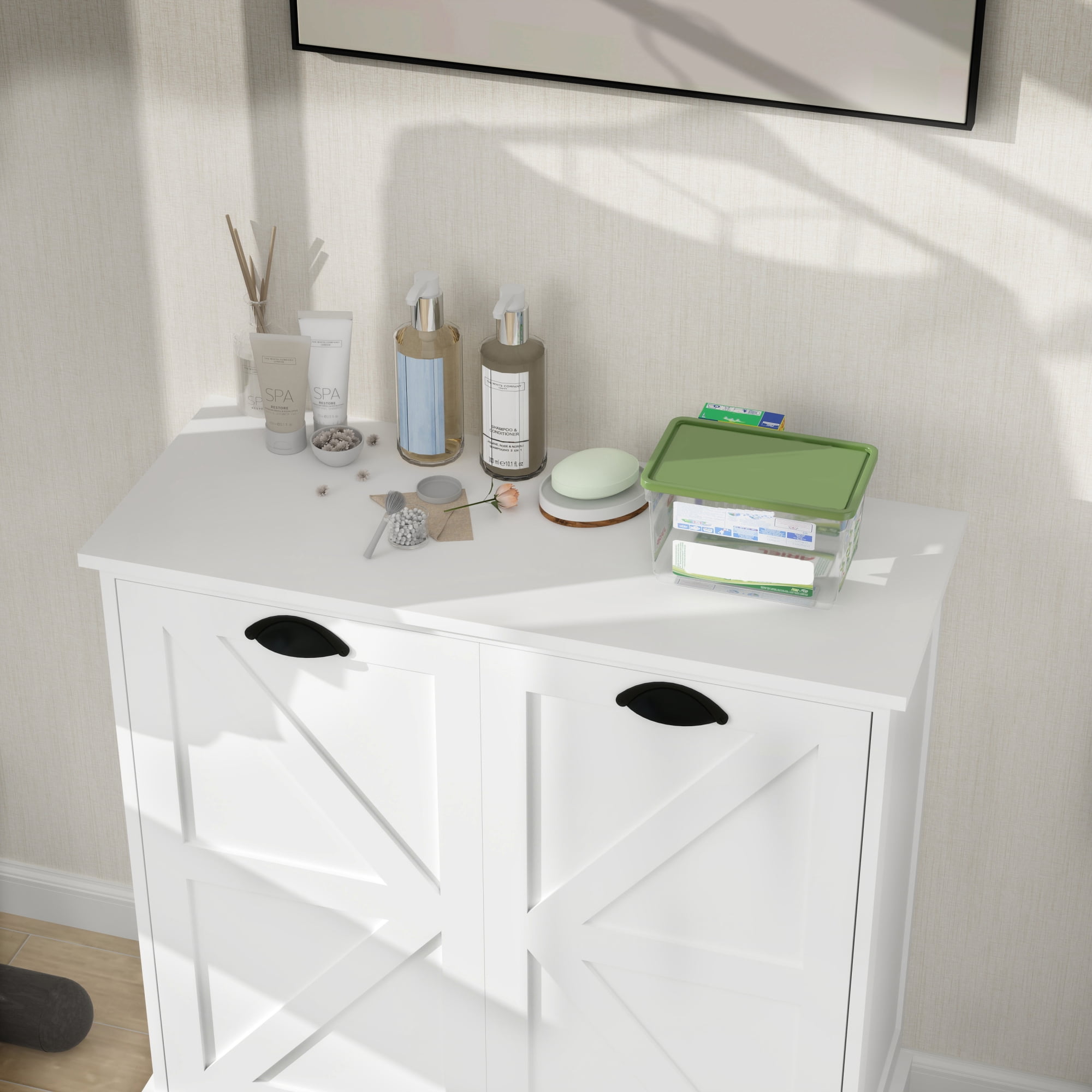 Leumius Tilt-Out Laundry Hamper Cabinet,Freestanding Laundry Sorter Cabinet with 2 Compartment,White