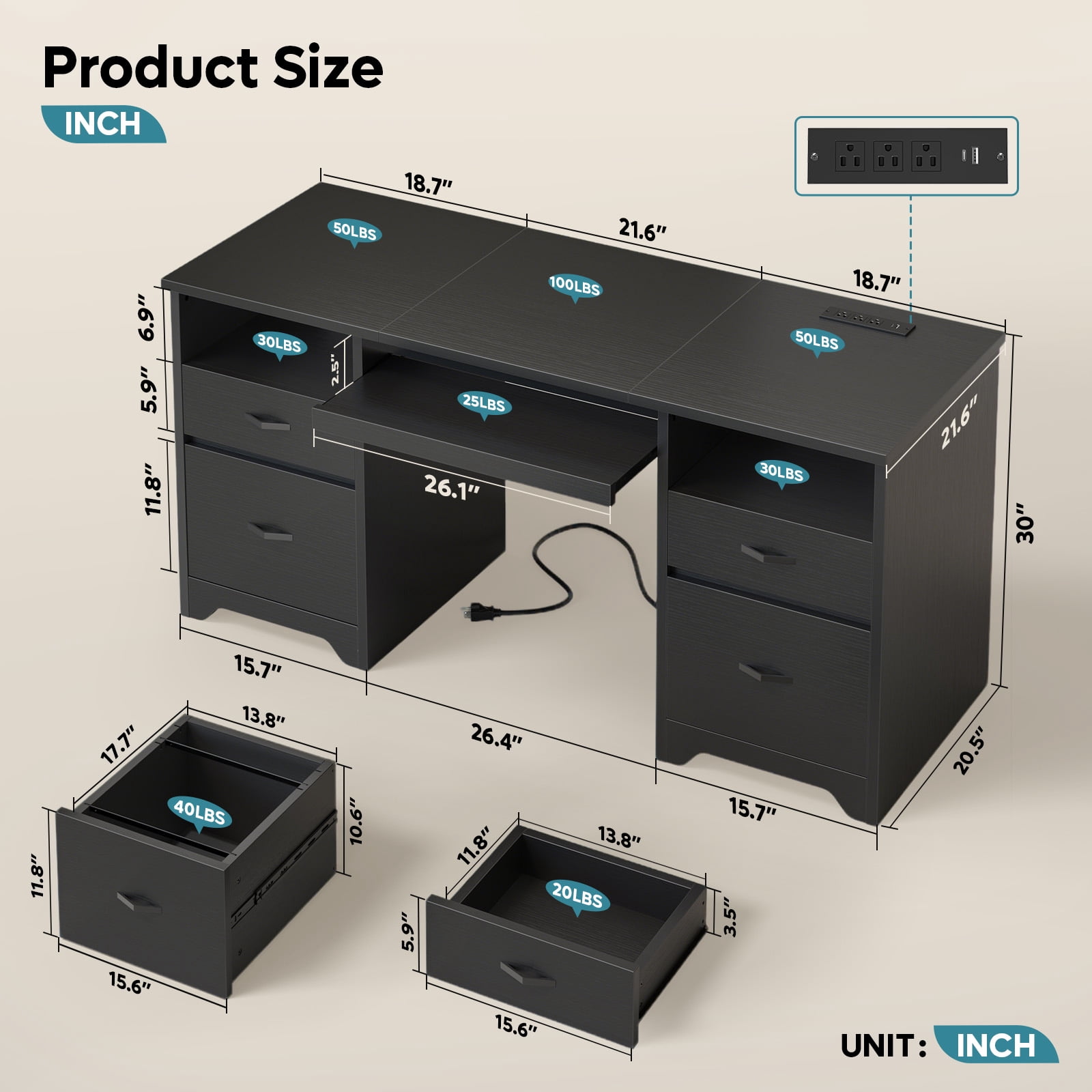 Bestier 59''Computer Desk with 4 Drawers,Office Desk with Storage,Modern Executive Desk with File Drawer, Office Desk with Charging Station, Keyboard Tray for Home office, Study & Bedroom，Black