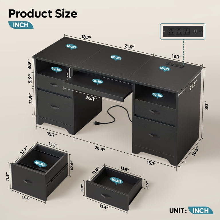 Bestier 59-Inch Executive Desk with Charging Station, Black photo 7