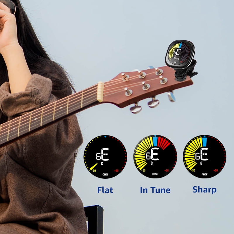 Guitar Tuner Rechargeable, Clip On Tuner with LCD Color Display with Guitar, Ukulele, Violin and Chromatic Tuning Modes, Tuners for Musical Instruments