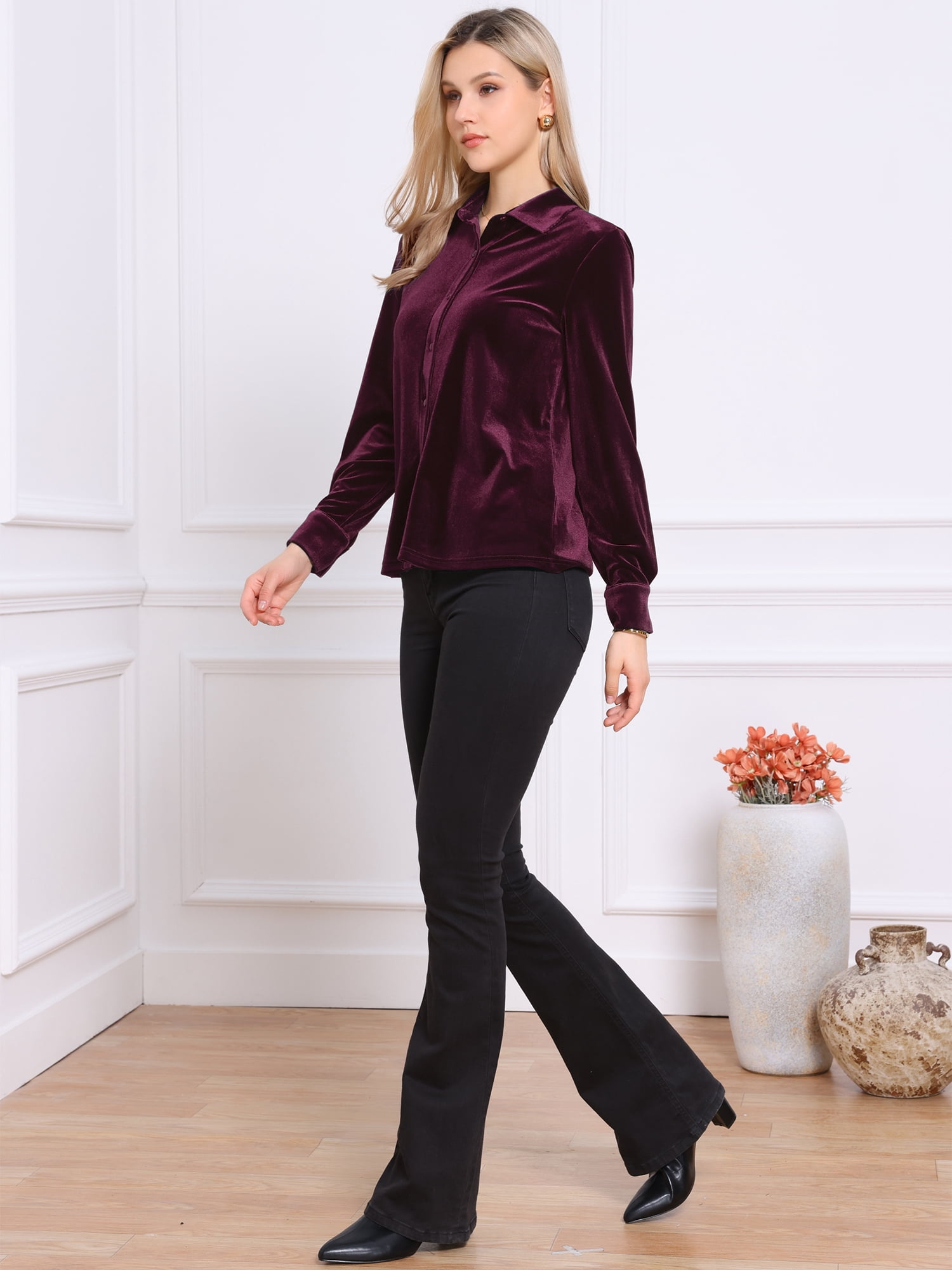 DARING DIVA Women's Vintage Velvet Long Sleeve Button Down Shirt Blouse M Dark Red