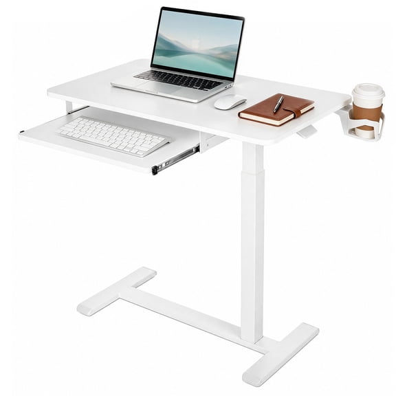VEVOR Overbed Table 31.5"W x 17.7"D Mobile Bedside Table with Hidden Wheels, for Home Office Bed Couch, Height Adjustable Rolling Laptop Desk, Standing Cart with Keyboard Tray and Cup Holder, White