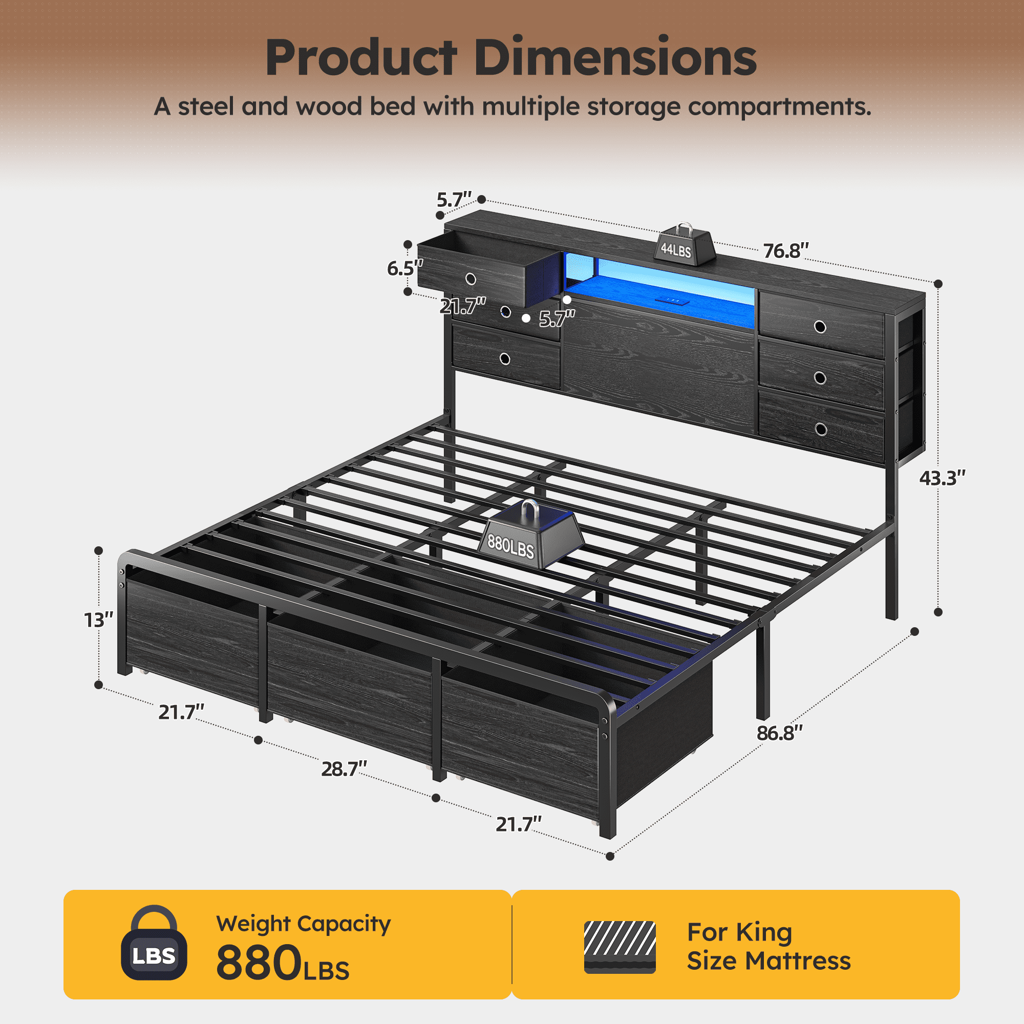 EnHomee Metal Bed Frame with 9 Storage Drawers Metal Bed Frame King with Headboard & LED Light & Charge Station,Black