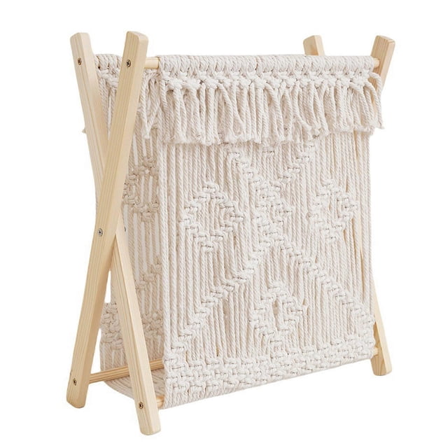 Stylish Decorative Magazine Rack Portable Macrames Desktop Storage Rack with Wood Frame for Books Magazines and More