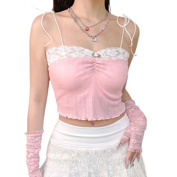 VISgogo Blusas de verano para mujer, con tirantes finos, decoración de dobladillo de encaje, camisa casual elástica sin mangas VISgogo moda