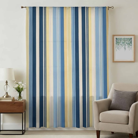 Blue Yellow Striped Sheer Curtains 96 Inches Long, Farmhouse Stripes Vintage Light Filering Curtains, Privacy Drapes Simi Floor to Veiling Curtain for Living Room Bedroom Large Window Treatment