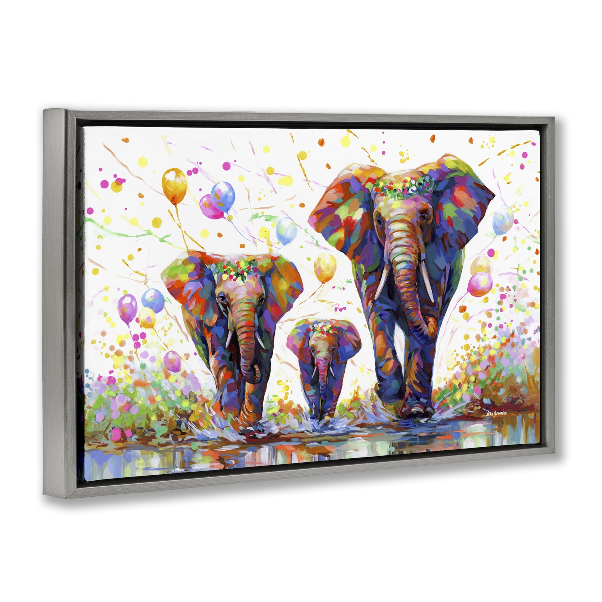 Stupell Industries Elephants & Celebration Balloons Animals & Insects Painting Gray Floater Framed Canvas Art Print Wall Art, 25 x 17