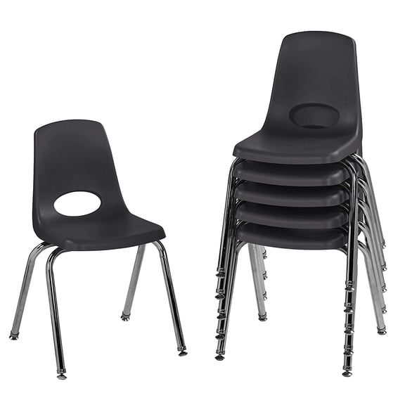 FDP 16" School Stack Chair, Stacking Student Seat with Chromed Steel Legs and Nylon Swivel Glides; for in-Home Learning or Classroom - Black (6-Pack), 10368-BK Black 16 inch Swivel Glides