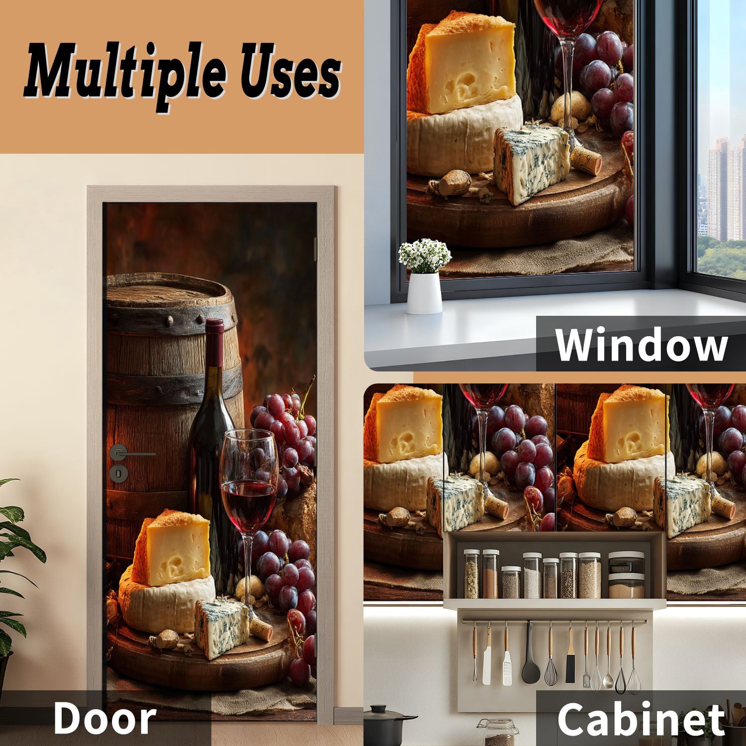 Self Adhesive Vinyl Refrigerator Wrap Set Red wine glass bottle composition cheese grape Door Mural Removable Fridge Sticker Peel and Stick&nbsp;Full Door Cover Decal Kitchen Bar Decor