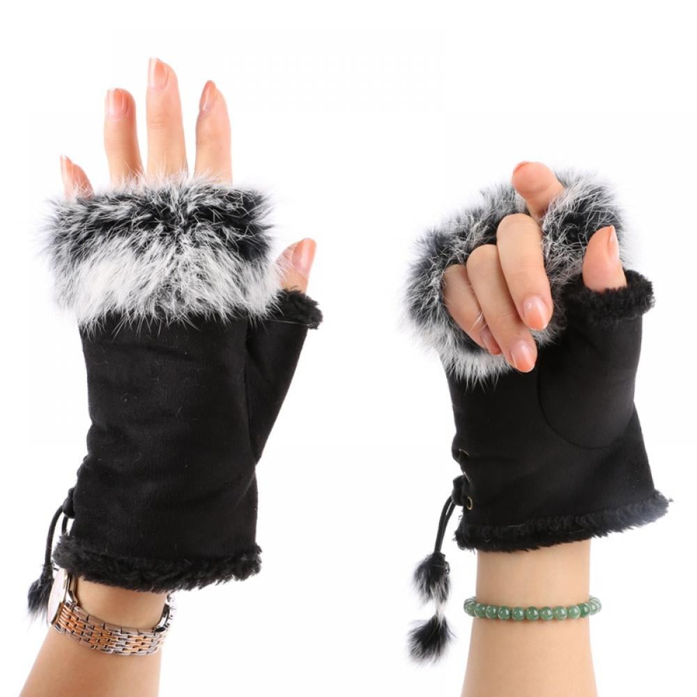 1Pair Soft Women Warm Winter Women Rabbit Fur Suede Fingerless Gloves Mittens 