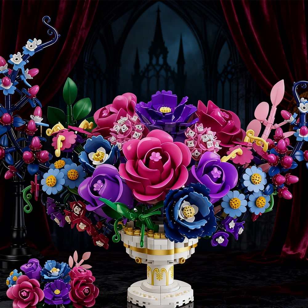TERRAMUS Moon Flower Bouquet Building Set with LED Light, 1274 Pcs Crescent Shape Floral Building Kit, Lunar Flower Display Model Blocks Toy for Ages 12+