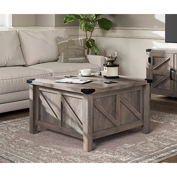 Wampat Farmhouse Square Wood Coffee Table with Gas Struts Flip-Top for Extra Large Hidden Storage and Metal Bracket Corner, Grey Wash
