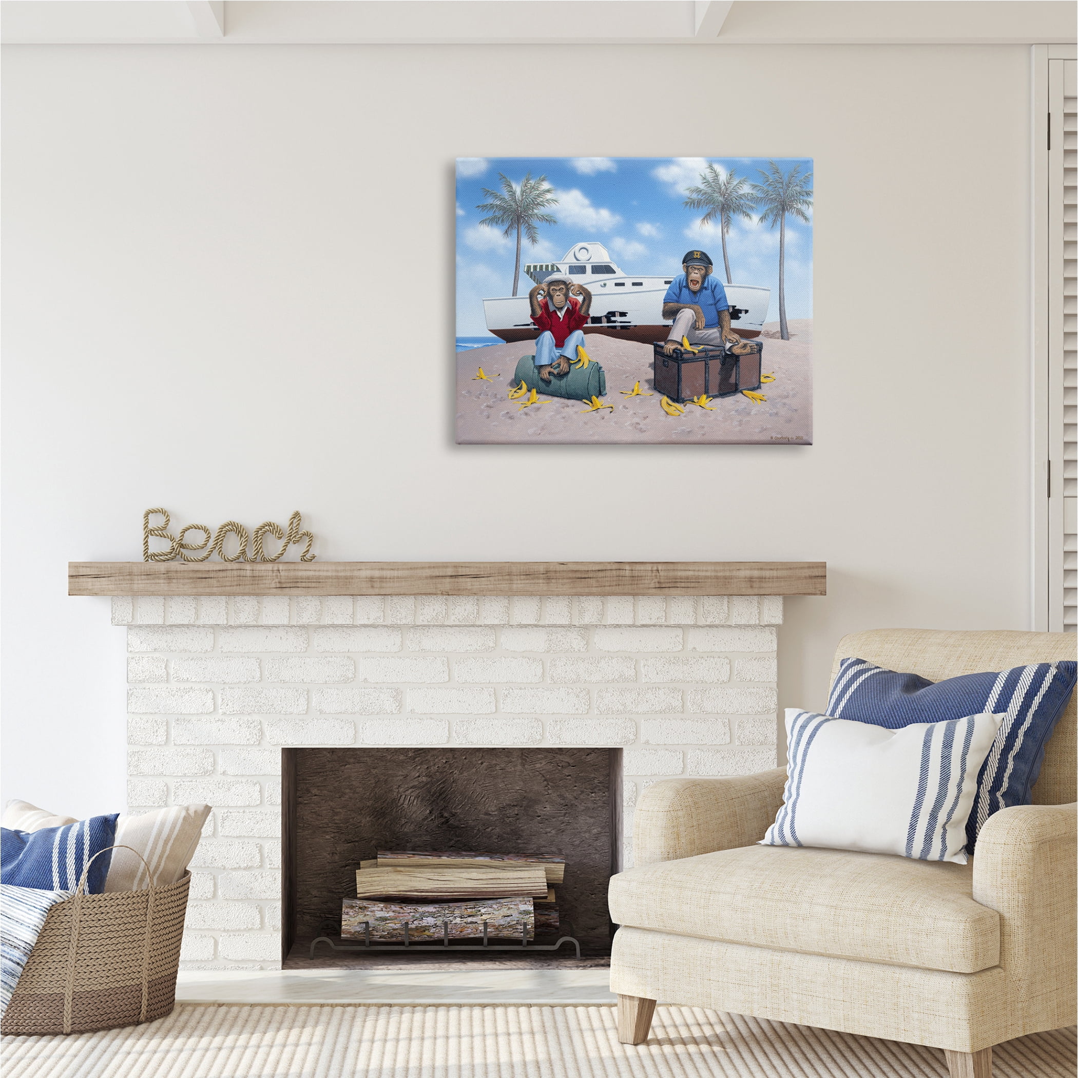 Stupell Industries Chimps & Yacht on Beach Animals & Insects Painting Gallery Wrapped Canvas Print Wall Art, 40 x 30