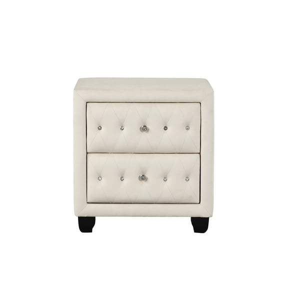 JERFIT Cream Velvet Upholstered Nightstand with Crystal Knobs, Modern 2-Drawer Bedside Table for Bedroom
