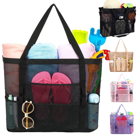 Large Foldable Mesh Beach Bag for Women & Girls,Sandproof Beach Tote Bag with Zipper Pocket,Mesh Swimming Bag,Toys Pool Bag for Family Beach Trip & Cruise Essentials,Black