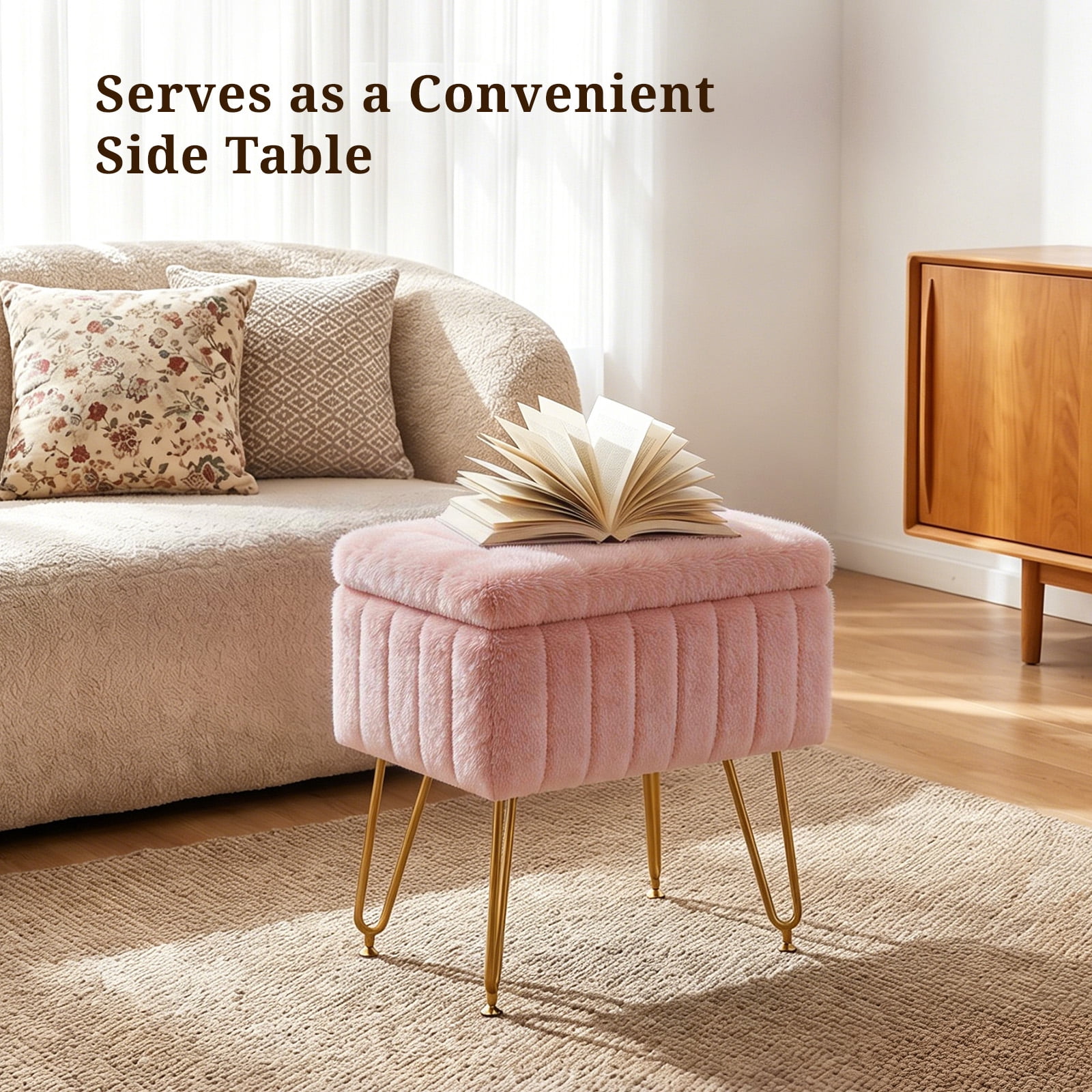 Casabay Vanity Stool Chair with Storage, Faux Fur Footstool Ottoman with Metal Legs & Anti-Slip Adjustable Feet for Bedroom, Entryway