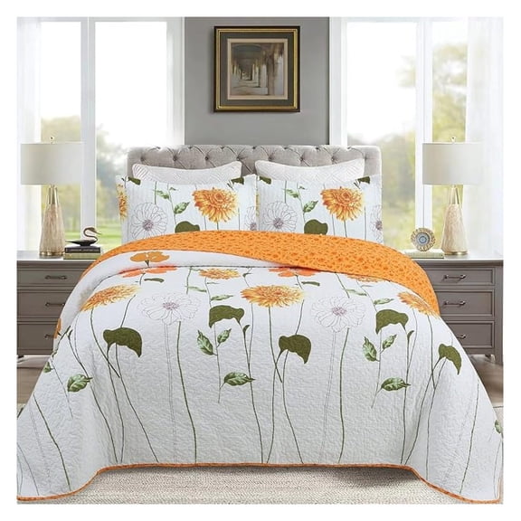 White Floral Quilt Set 3 Piece - Lightweight Cotton Bedspread with Yellow Flowers, King Size - Bedroom Decor, Shams Included