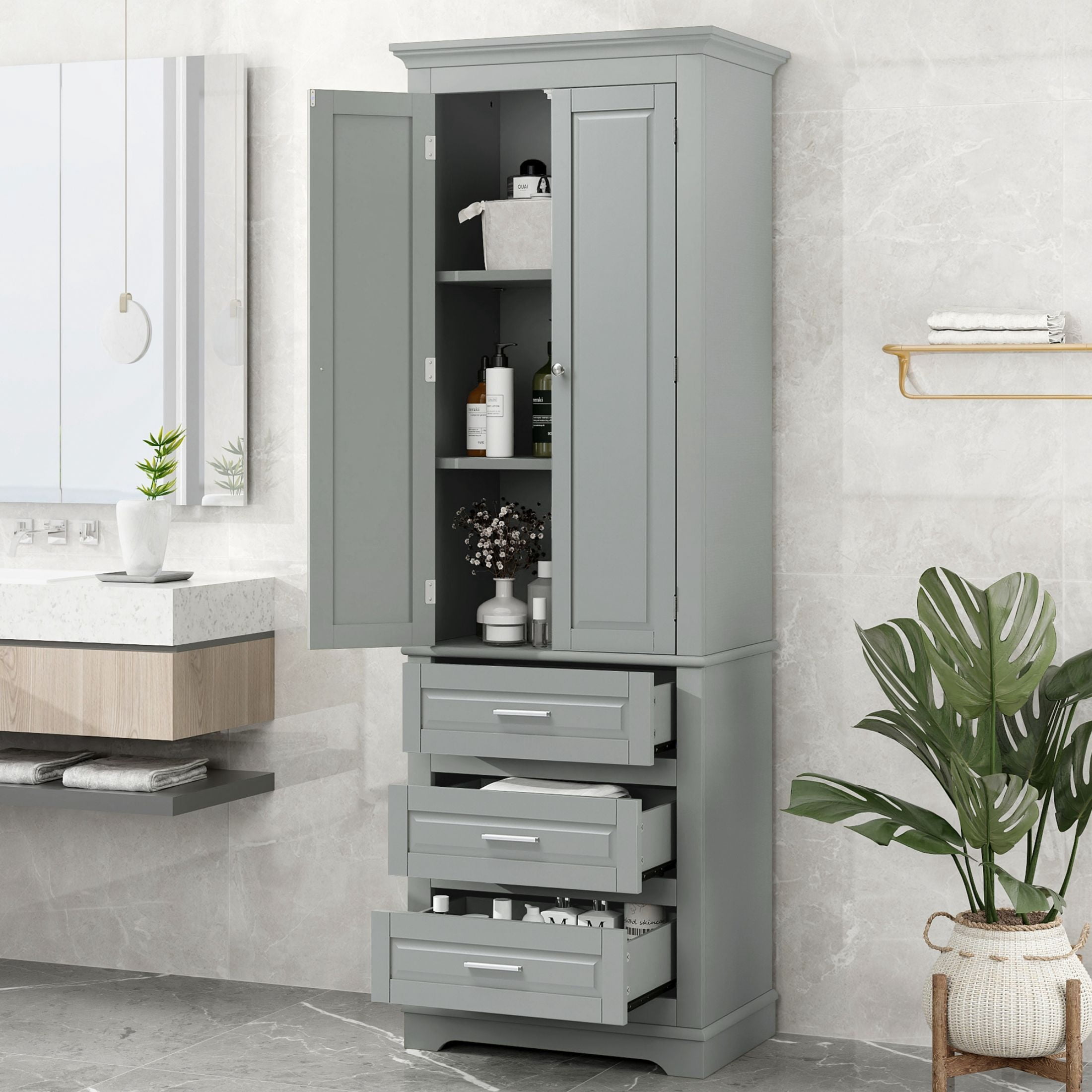 DEALTOPS Stylish Spacious Storage Cabinet with 3 Drawers and Adjustable Shelf for Bathroom, Living Room, Gray