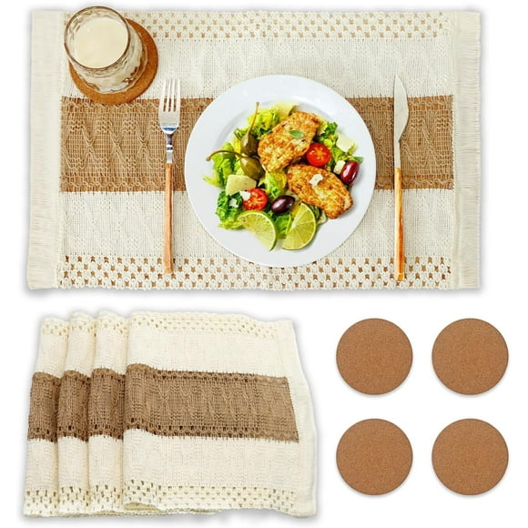 shiyou-Boho Placemats and Cork Coasters Pack of 4,Natural Cotton Burlap Place Mats and Cork Coasters, Macrame Table Decor Dining Table Home Kitchen Décor for Party,Birthday,Anniversary and More