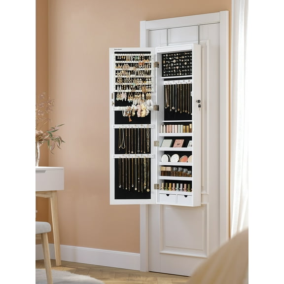 6 LEDs Mirror Jewelry Cabinet 47.2-Inch Tall Lockable Wall/Door Mounted Jewelry Armoire Makeup Perfume Holder Organizer with Mirror Makeup Perfume 2 Drawers White