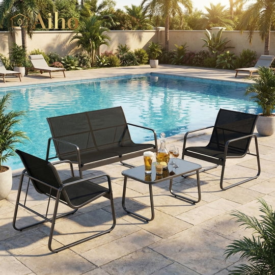 Outdoor Chairs Set of 4 with Breathable Textilene, Aiho Outdoor Patio Furniture Set with Tempered Glass Table, Perfect for Garden, Pool, Backyard, Balcony, Black