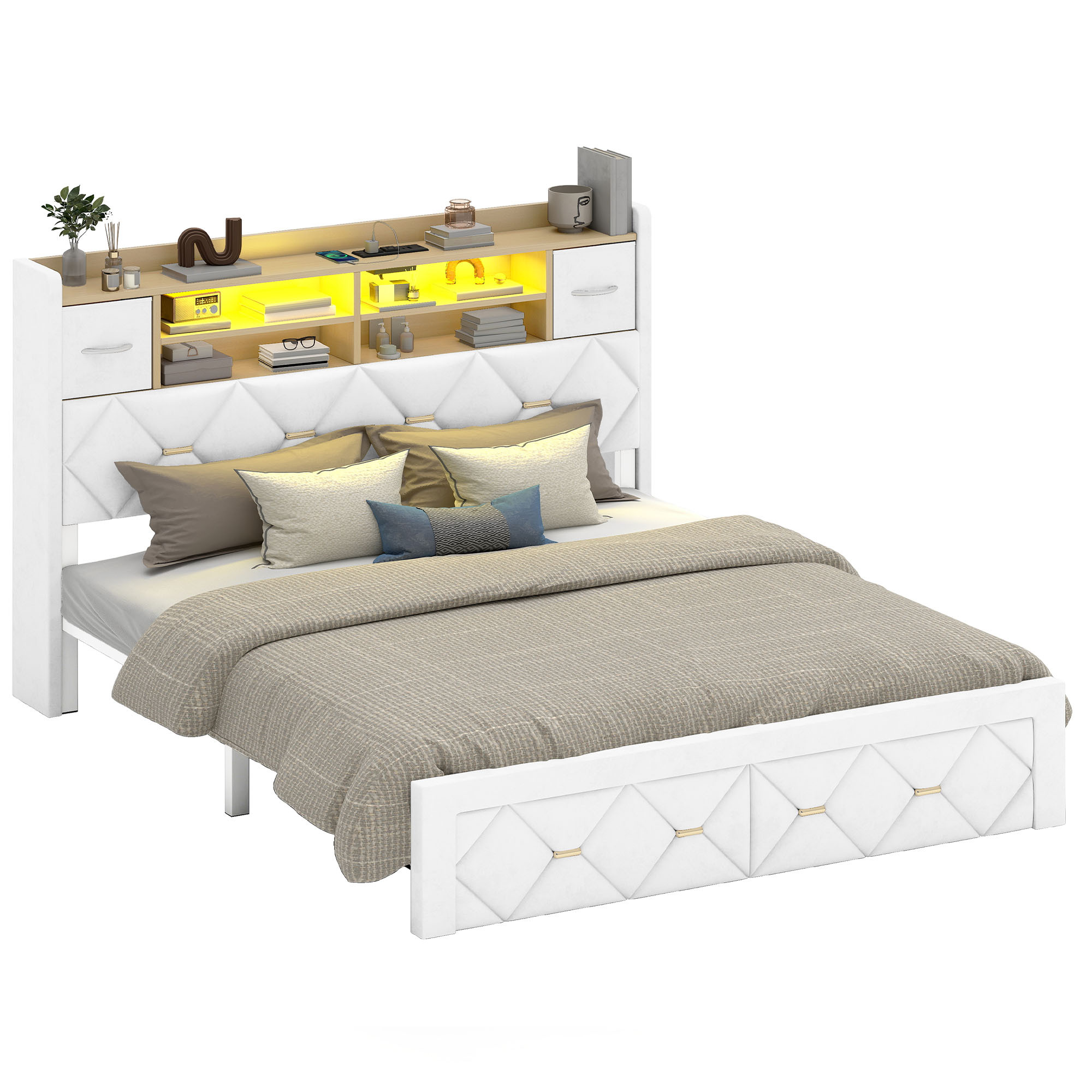 Uforic Upholstered Queen Size Bed Frame with Drawers & Storage Headboard, Velvet Bed Frame with LED Lights & Power Outlets, White