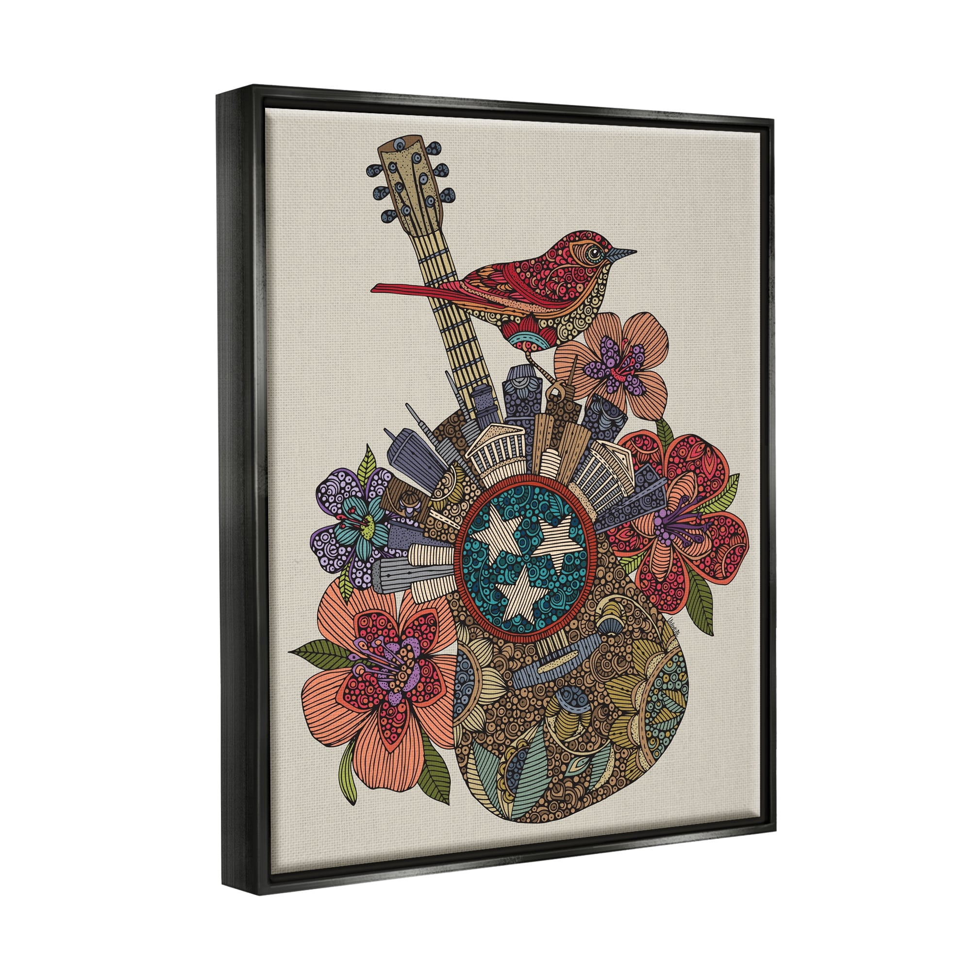 Stupell Industries Nashville Music City Detailed Floral Pattern Guitar Graphic Art Metallic Gold Floating Framed Canvas Print Wall Art, Design by Valentina Harper