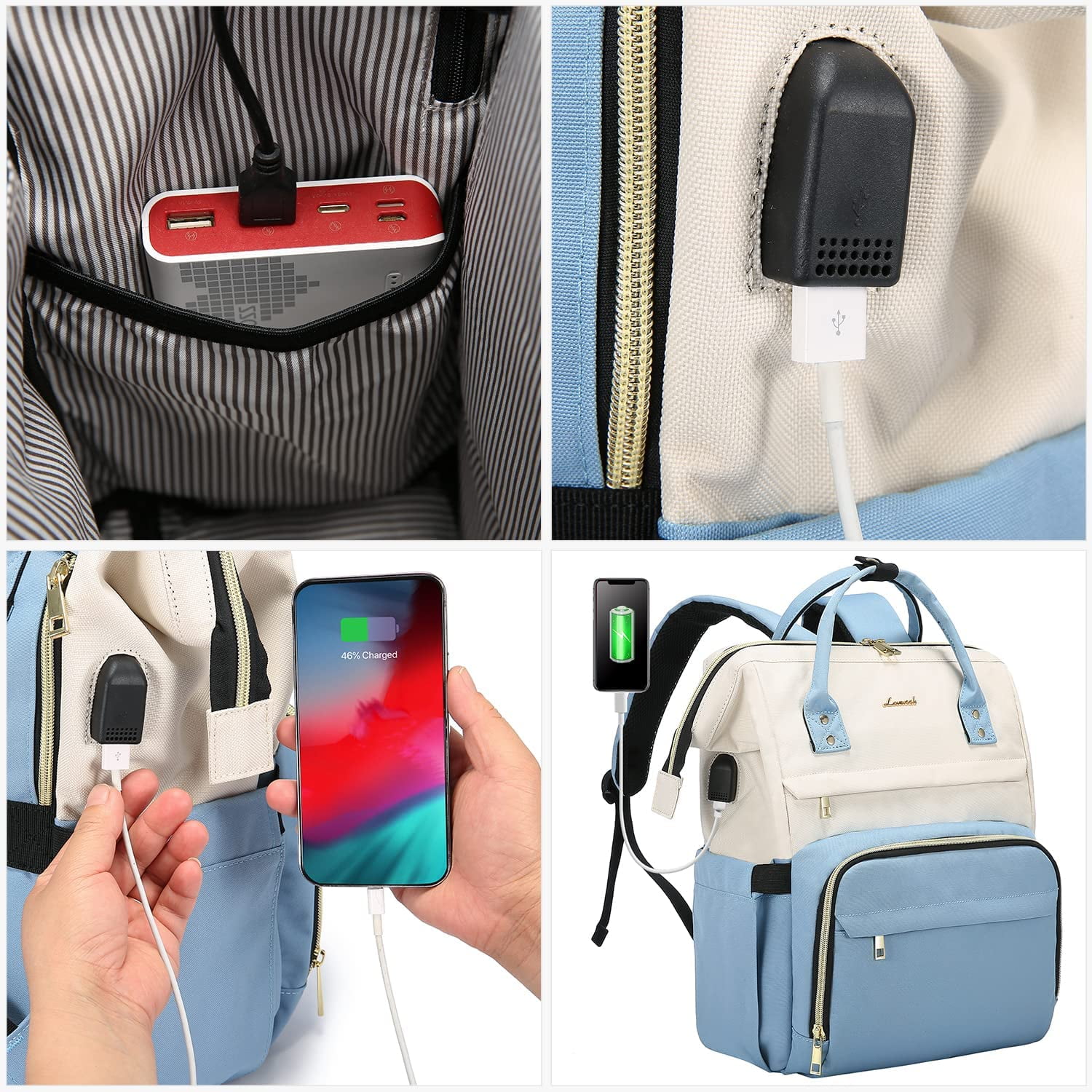 Lovevook Laptop Bag 15.6", Women Work Computer Bag Teacher Nurse Backpack Purse with USB, Waterproof Travel Backpack College Bookbag- Beige+Light Blue