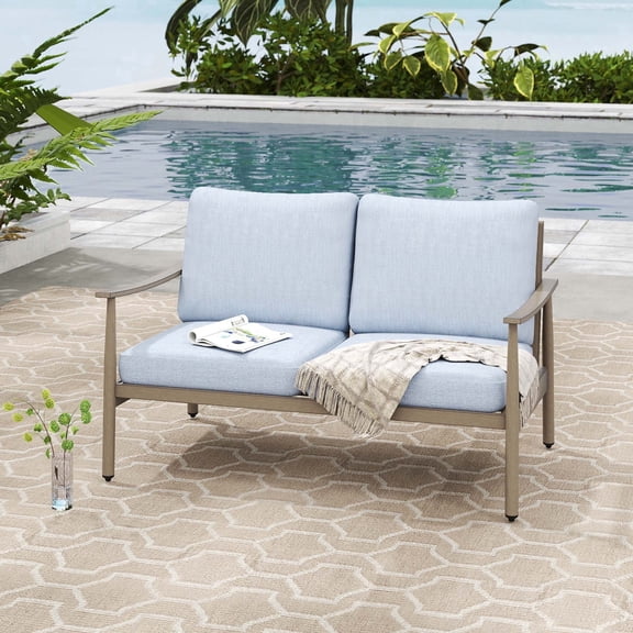 HAPPATIO Outdoor Loveseat Sofa, Aluminum Single Sofa, Rope Design Backrest, with Comfortable Cushions, All Weather Furniture, for Yard, Deck, Porch
