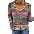 thumbnail image 2 of AOOCHASLIY Women Fall Tops Women's Retro Casual Print V-Neck Long Sleeve Embroidered Blouse T-shirt Tops, 2 of 5