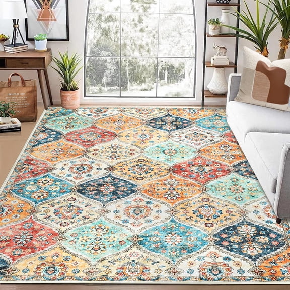 9x12 Area Rug Modern Trellis Machine Washable Area Rug for Living Room Bedroom Vintage Medallion Floral Non-Slip Stain Resistant Accent Rug Carpet for Home Decor, Cream/Multi