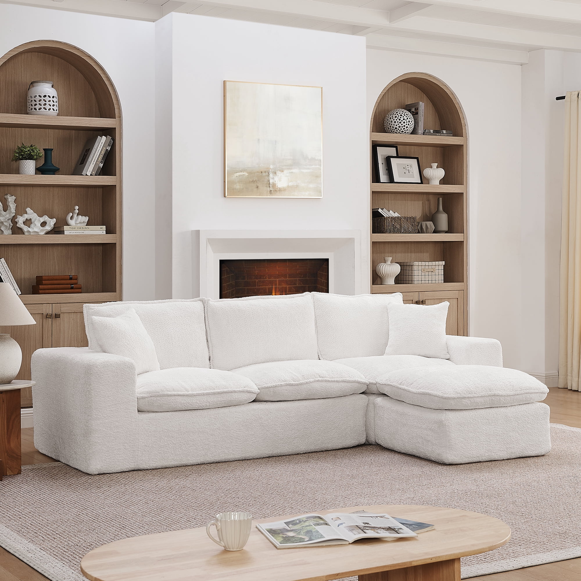 Mintazer 107" Modern L-Shaped Boucle Sectional Sofa with Reversible Ottoman, Cloud Soft Modular Couch with Pillows & Cushion for Living Room, White