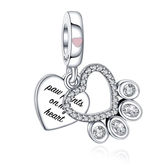 ROSIANNA 925 Sterling Silver Charm for Bracelets Women Silver Paw Print On My Heart Dangle Charm Necklace Pendant Girl Gifts