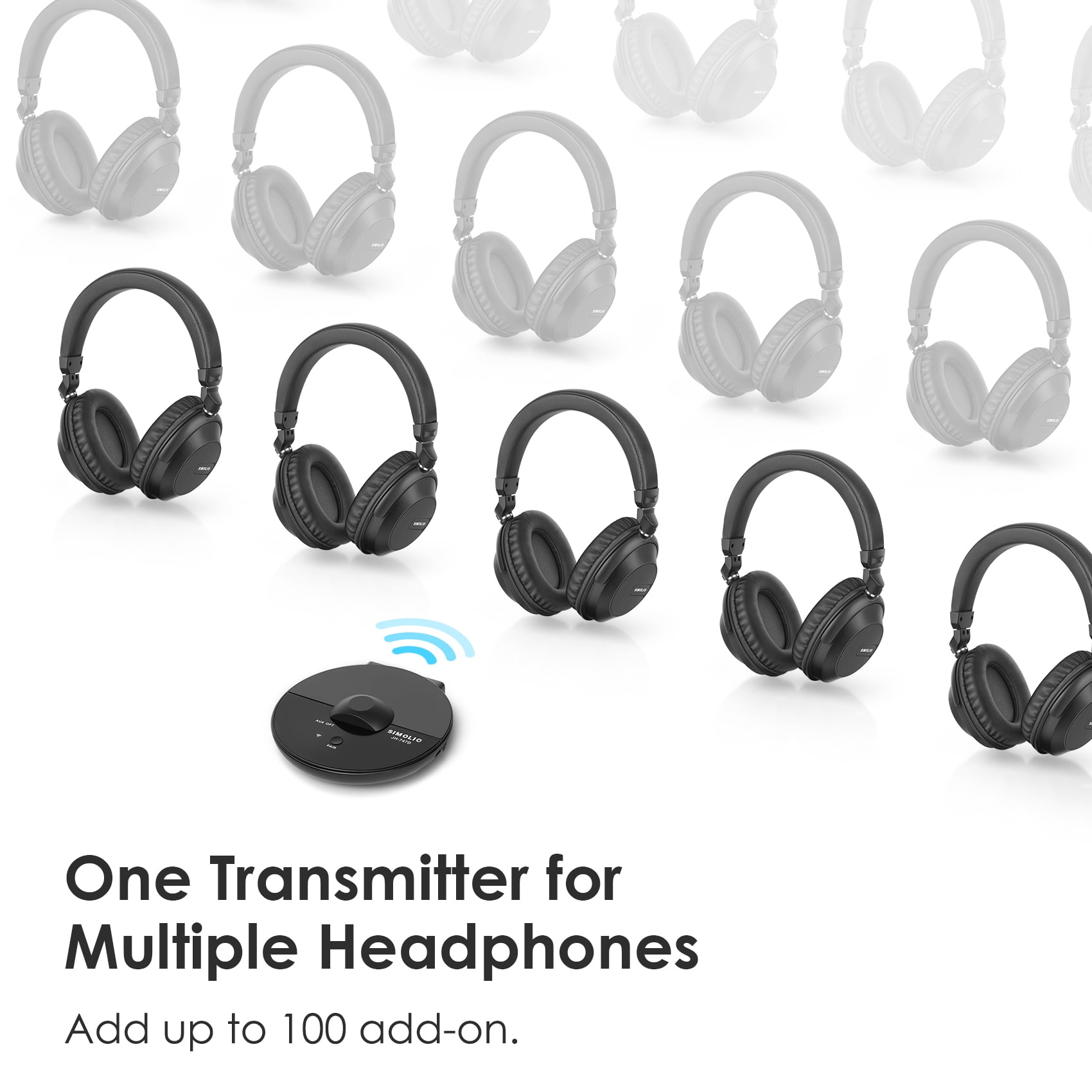 SIMOLIO Bluetooth Wireless TV Headphones with Clear & Loud Sound - Wireless Group Listening Headphones & Transmitter for Parties, Silent Discos, Church, Low latency TV - Multiple Rechargeable Headset