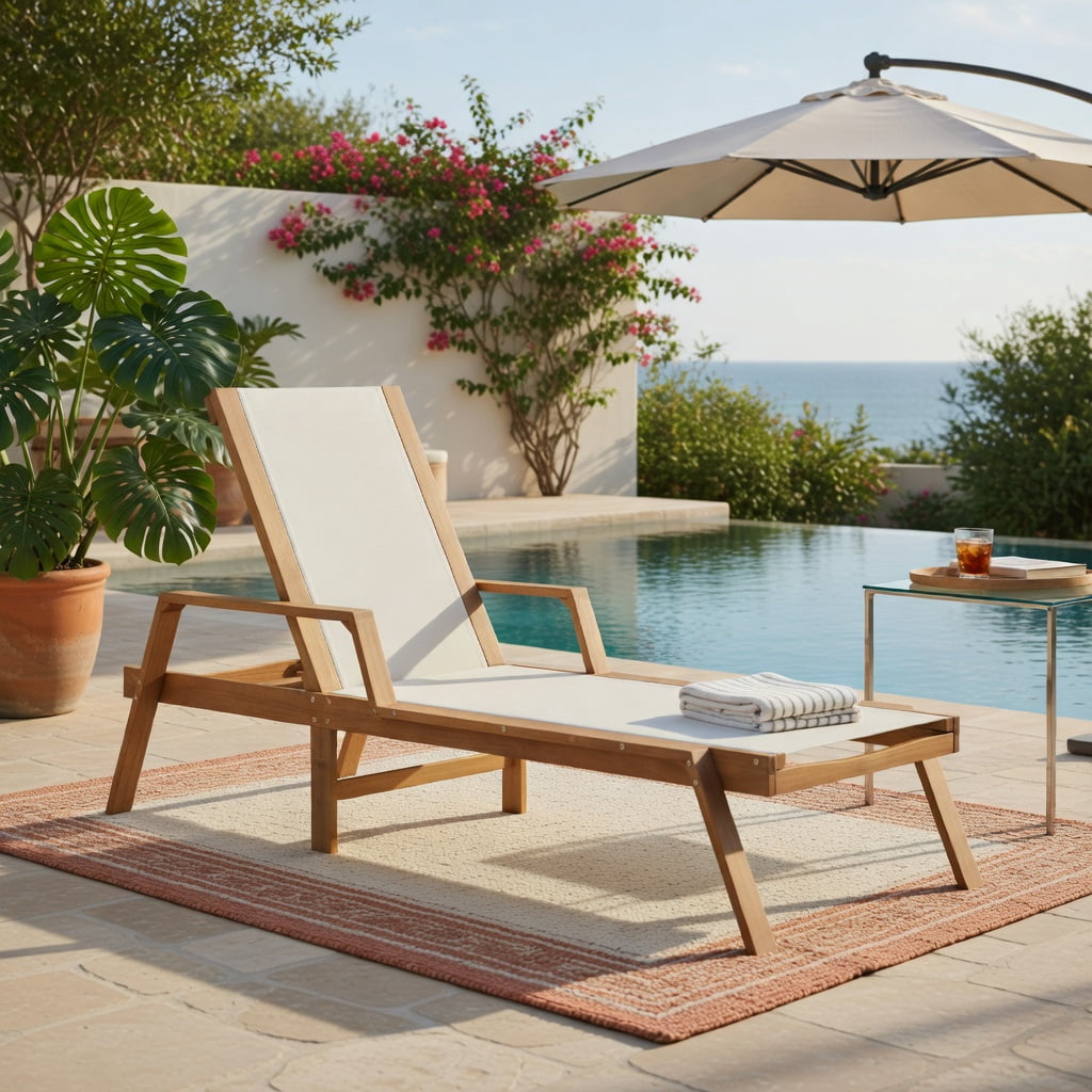 Hommoo Acacia Wood Patio Chaise Lounge Chair with Adjustable Backrest, Breathable Fabric Seat & Armrests, for Backyard, Poolside & Garden, White