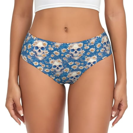Womens Underwear - white Skull daisy in water No Show Seamless Underwear for Women  Soft Stretch Womens Panties  Hipster Ladies Panties Bikini Underwear Briefs