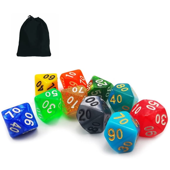 Bescon 10pcs Set of Polyhedral D% Dice(00-90) 10 Count Assorted Random Multi Effected&Colored Pack of D% in Drawstring Pouch