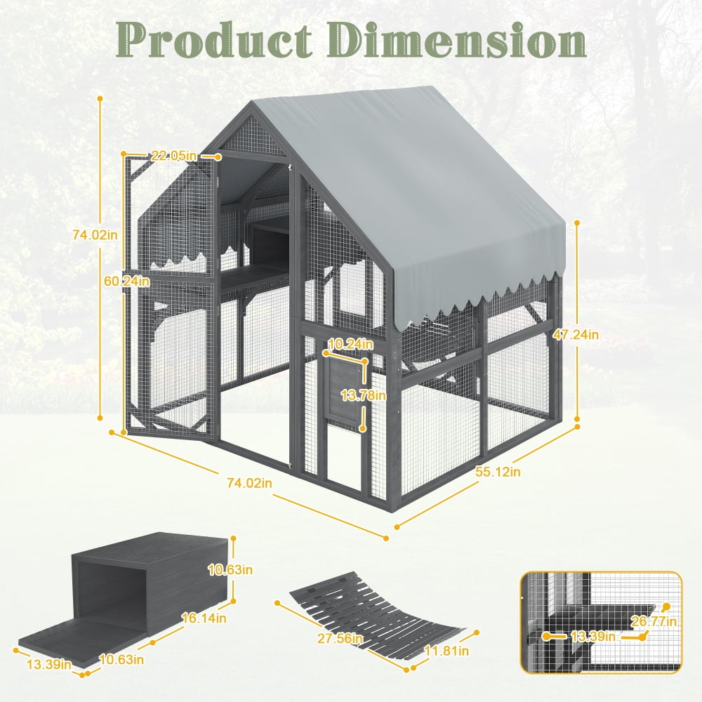 Large Wooden Outdoor Cat Enclosure, Multi-Cat Catio with Platforms, Resting Boxes & Bridge, Waterproof UV Proof Canopy Included