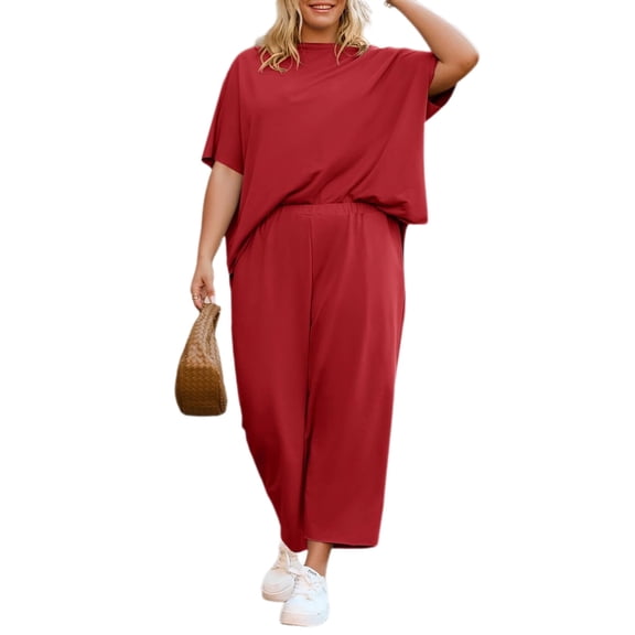 Women's Plus Size 2 Piece Outfits Casual Top and Wide Leg Pants Loose Pants Lounge Set
