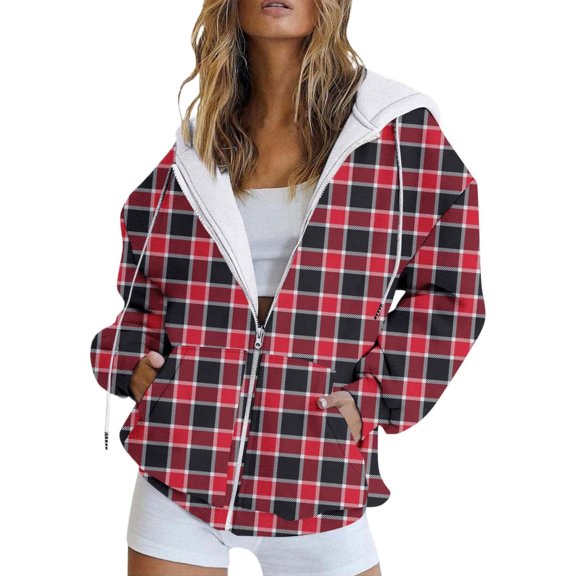 VISALY Fashion Hoodies Sweatshirts Zip Up Hoodie Fleece Hoodie Plaid Printed Casual Hoodies with Pocket Long Sleeve Cute Sweatshirt Jacket Coat Trendy Tops Comfortable Soft Tops Thick Hoodies W L